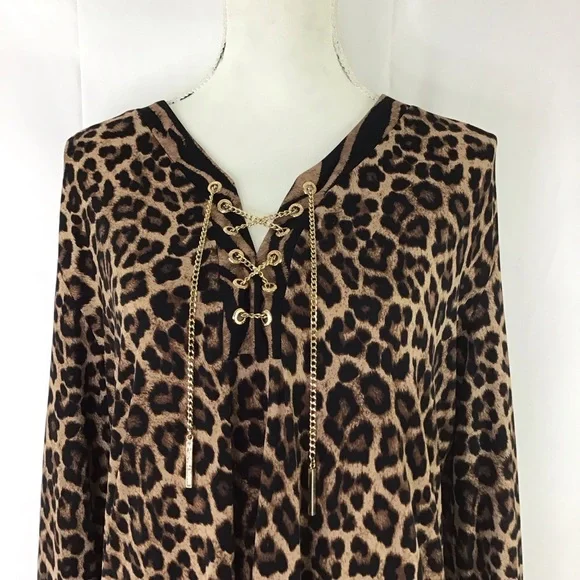 MICHAEL KORS WOMEN LEOPARD/ TIGER SHEATH LONG-SLEEVE DRESS SIZE L GOLD CHAIN - Picture 3 of 8